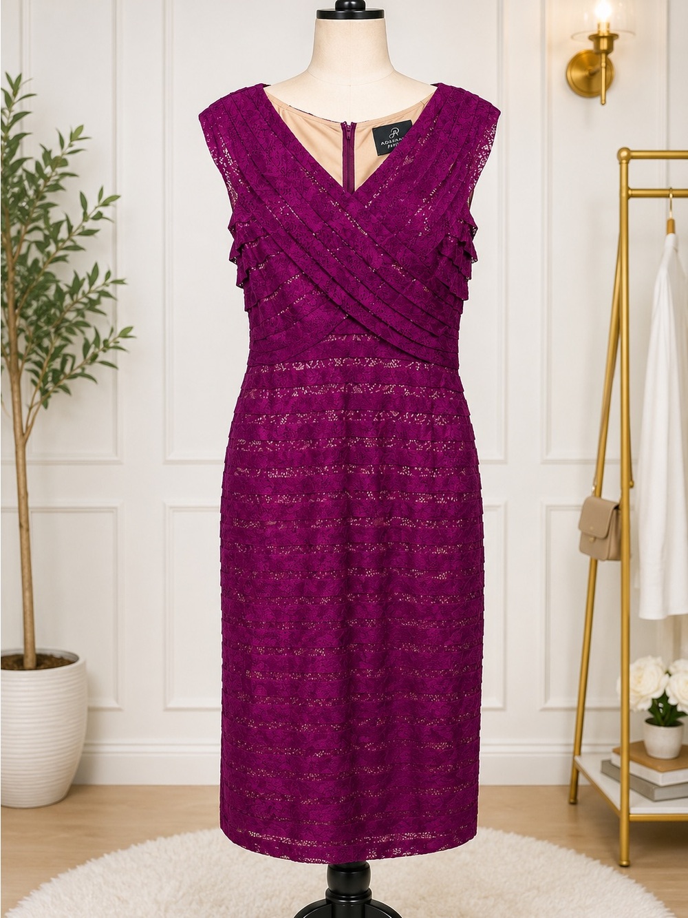 Adrianna Papell Size 12 Magenta Lace Sheath Dress V-Neck Special Occasion